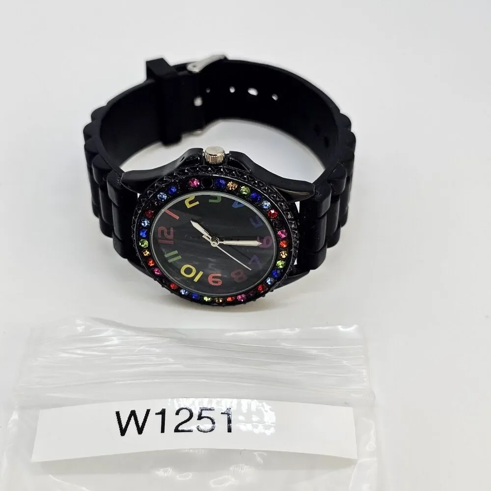 38MM Watch Women Black Dial Multicolor Bezel Black Plastic Bands‎ New Battery